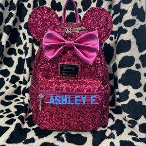 Loungefly Disney Minnie Mouse Sequin Magenta Mini Backpack Bag Purse Heart Logo